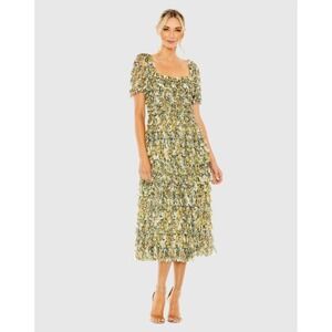 MAC DUGGAL Floral Tiered Ruffle Square Neck Midi Dress Yellow Green‎ Size 18